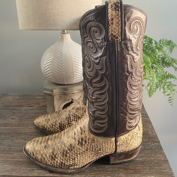 Vtg Tony Lama Mens Python Snakeskin Exotic Cowboy Western Boots 10.5 3E Brown - Picture 1 of 12
